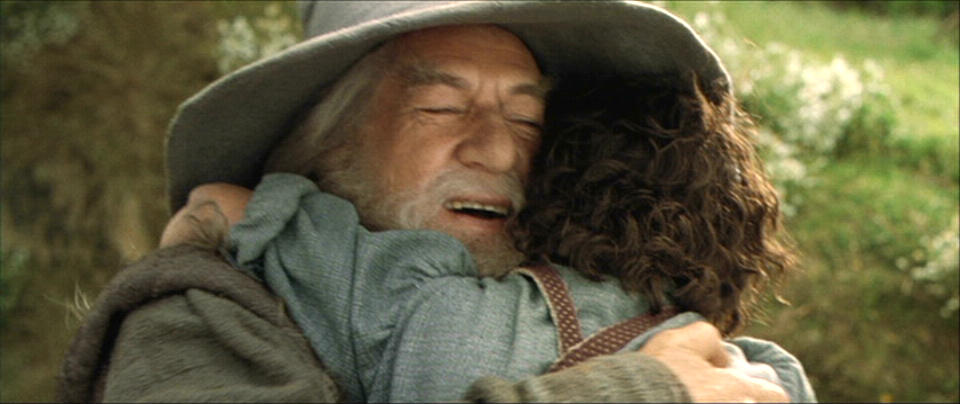Gandalf and Frodo Hug in the Shire