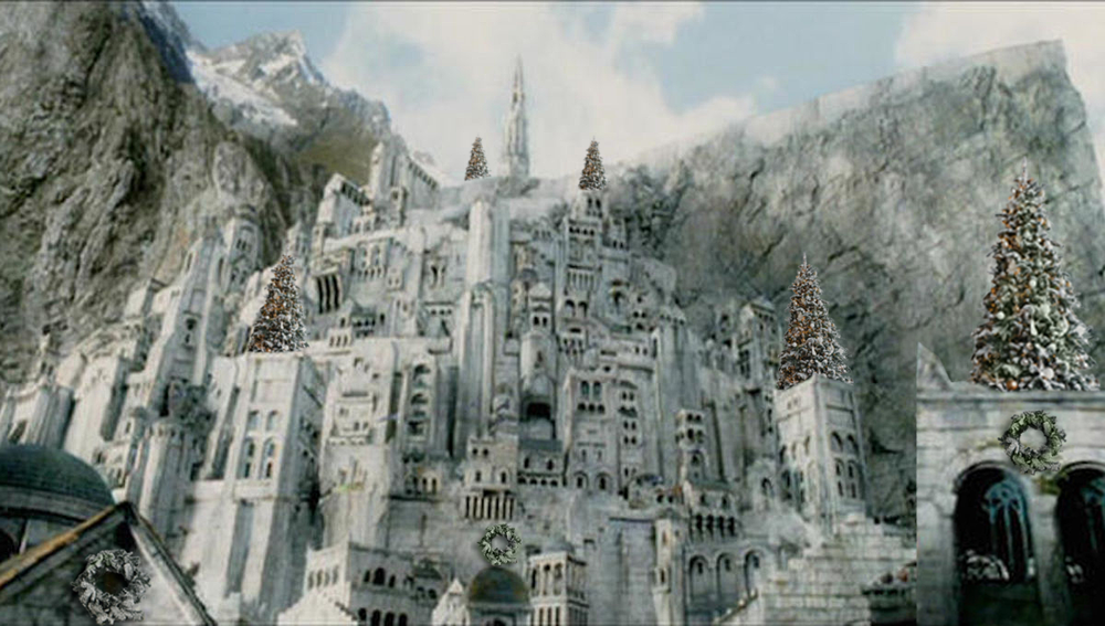 Minas Tirith decorated with Christmas trees and wreaths