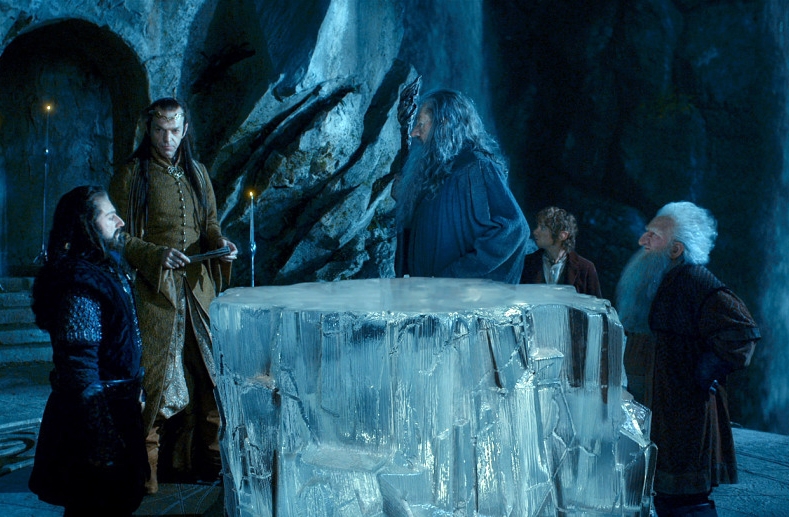 Thorin, Bilbo, Balin and Gandalf gather with Elrond in Rivendell.