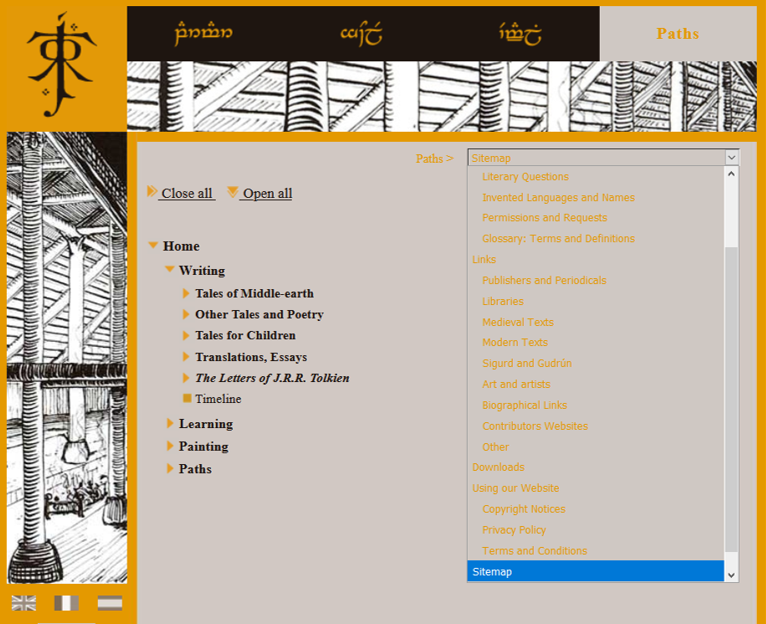 The interactive sitemap page at tolkienestate.com