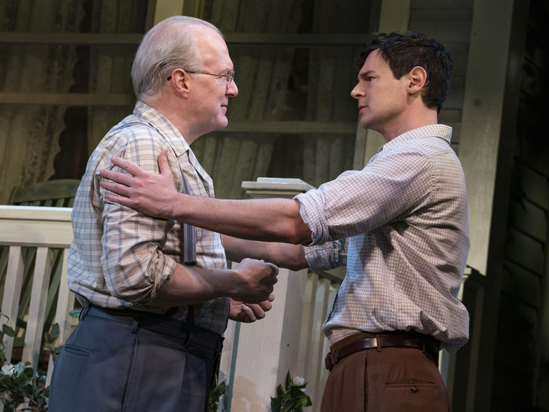 Benjamin Walker on stage as Chris Keller in All My Sons, with actor Tracy Letts