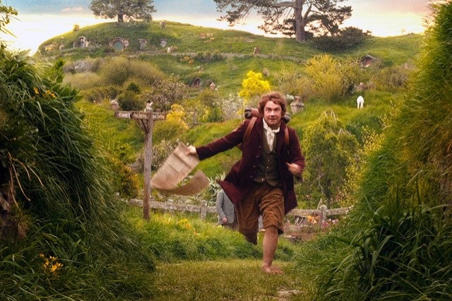 A still from Peter Jackson's first Hobbit movie, showing Martin Freeman as Bilbo, running from the Shire to join the dwarves on an adventure.