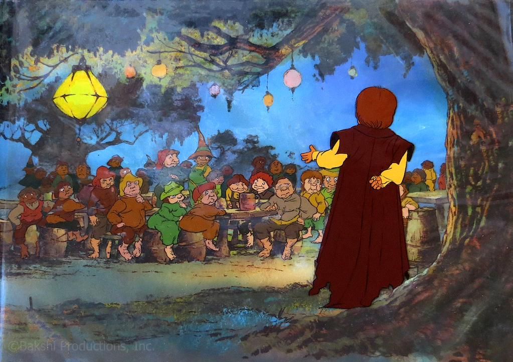 A still from Ralph Bakshi's animated Lord of the Rings film, showing Bilbo giving his birthday speech.