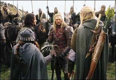 Still from Peter Jackson's The Two Towers, when Aragorn, Gimli and Legolas encounter Eomer and the Riders from Rohan.