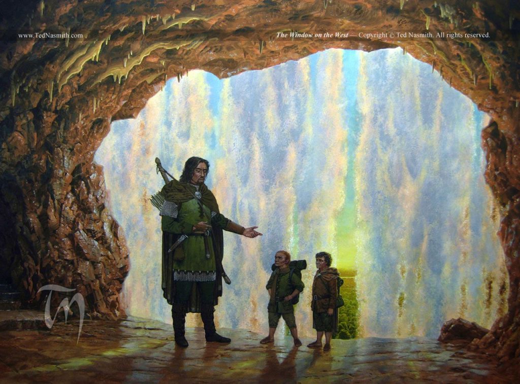 Ted Nasmith's painting of Sam and Frodo with Faramir, at the Window on the West.