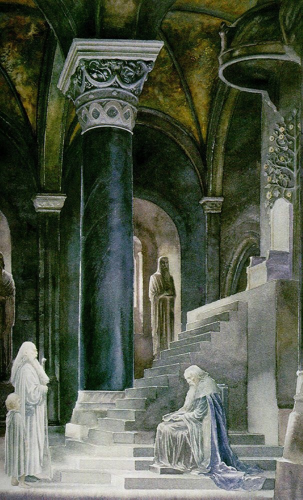 Alan Lee's painting of Gandalf and Pippin, when they meet Denethor in the throne room of Minas Tirith.