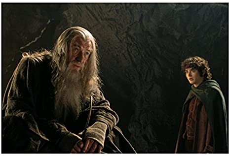 A still from Peter Jackson's Fellowship of the Ring, showing Gandalf and Frodo.