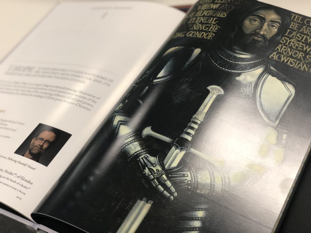 An inside image from the book, showing an icon painting of Elessar in armour, with Anduril in his hands