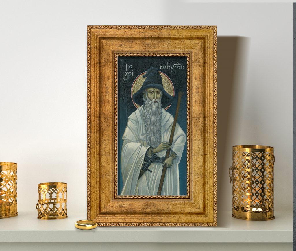 Jay Johnstone's wonderful icon image of Gandalf, displayed in a gold frame.