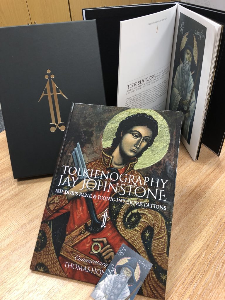 The cover and an inside glimpse of Jay Johnstone's beautiful book, showing Tolkien characters painted in the style of iconography. Also shown is the black (with gold logo) slip cover the book comes in.