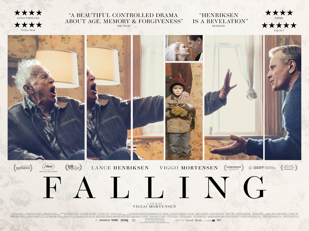 Poster for the movie 'Falling', showing characters played by actors Lance Henriksen and Viggo Mortensen. They seem to be arguing; the image is splintered. We also see a little boy holding a dead duck, with an adult standing behind (only partially seen); and a couple on their wedding day. Reviews give 'Falling' four and five stars. 