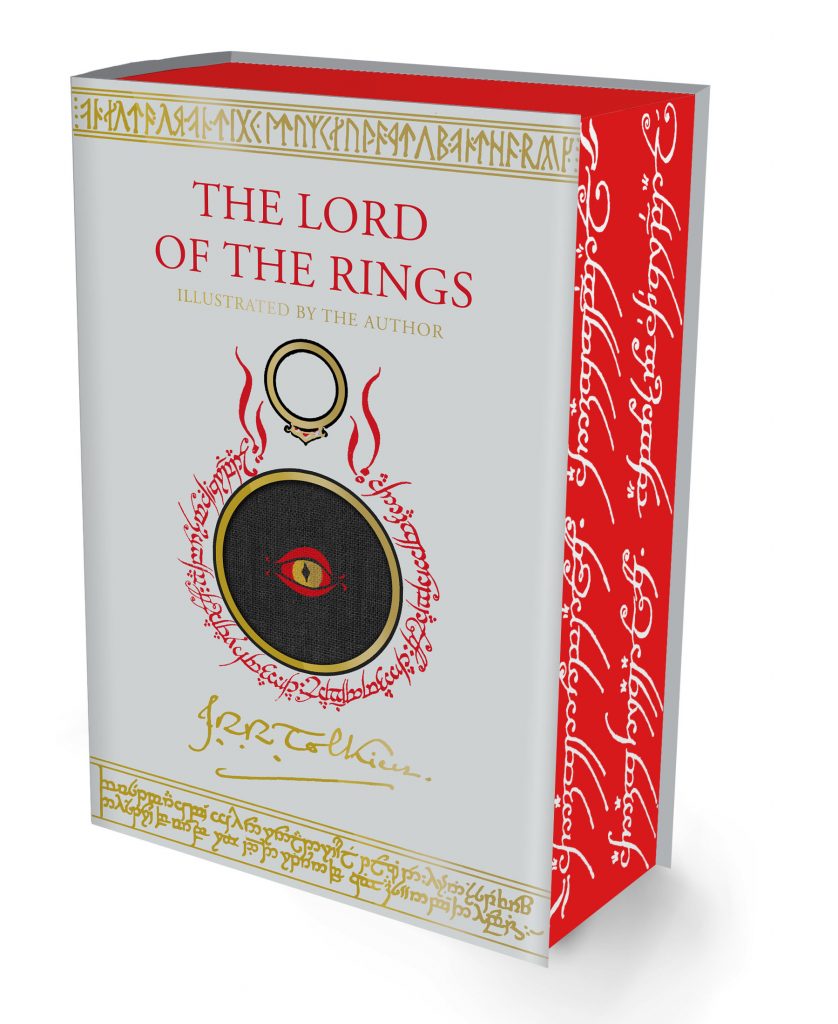 The beautiful upcoming edition of The Lord of the Rings features Tolkien's own artwork. Here we see the cover, with the ring script around the eye of Sauron. The pages of the volume are red, with the ring script printed on them in white.