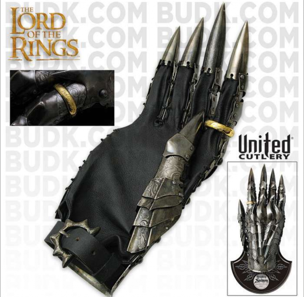 Amazing prop replica of the Gauntlet of Sauron, from United Cutlery - showing the gauntlet on display plaque, and a close up of the gold one ring.