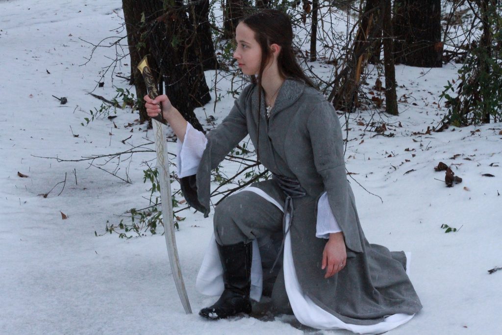 Fan Barbara McCoskey poses in the snow, in her version of Arwen's riding dress (seen when Arwen rescues Frodo in Fellowship of the Ring).