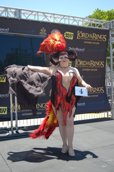 TORn staffer Rasputin created an amazing cosplay as a Balrog showgirl - complete with sparkly costume, and horned headdress with red and orange plumes. And what looks like wings...!