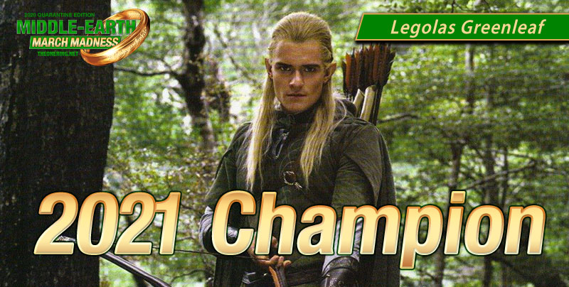 Orlando Bloom as Legolas Greenleaf gazes sternly out of the image - perhaps contemplating his new status as 2021's Middle-earth March Madness champion.