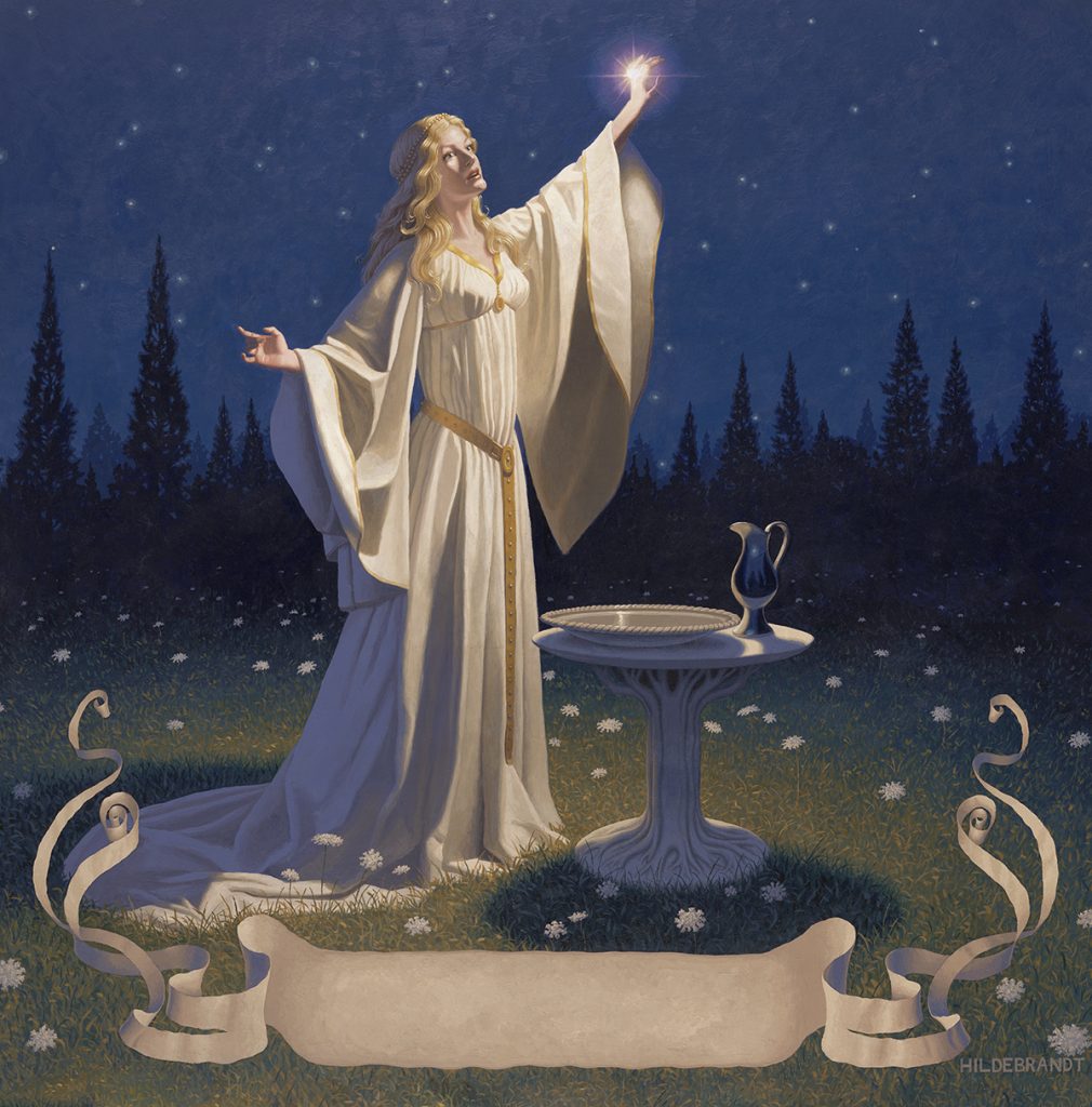 The wonderful painting by the Brothers Hildebrandt, of Galadriel holding Nenya aloft. The ring shines on her hand with a light of its own. It is night, and the dark blue sky behind her is full of stars - which are echoed in the white flowers around her feet. In front of her stand the dish and ewer which serve as her mirror, on a tree shaped pedestal. 