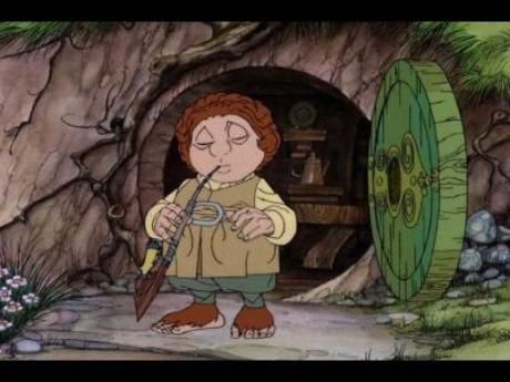 The cartoon Bilbo Baggins in front of Bag End - from the Rankin Bass Hobbit movie. 