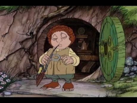 The cartoon Bilbo Baggins in front of Bag End - from the Rankin Bass Hobbit movie.