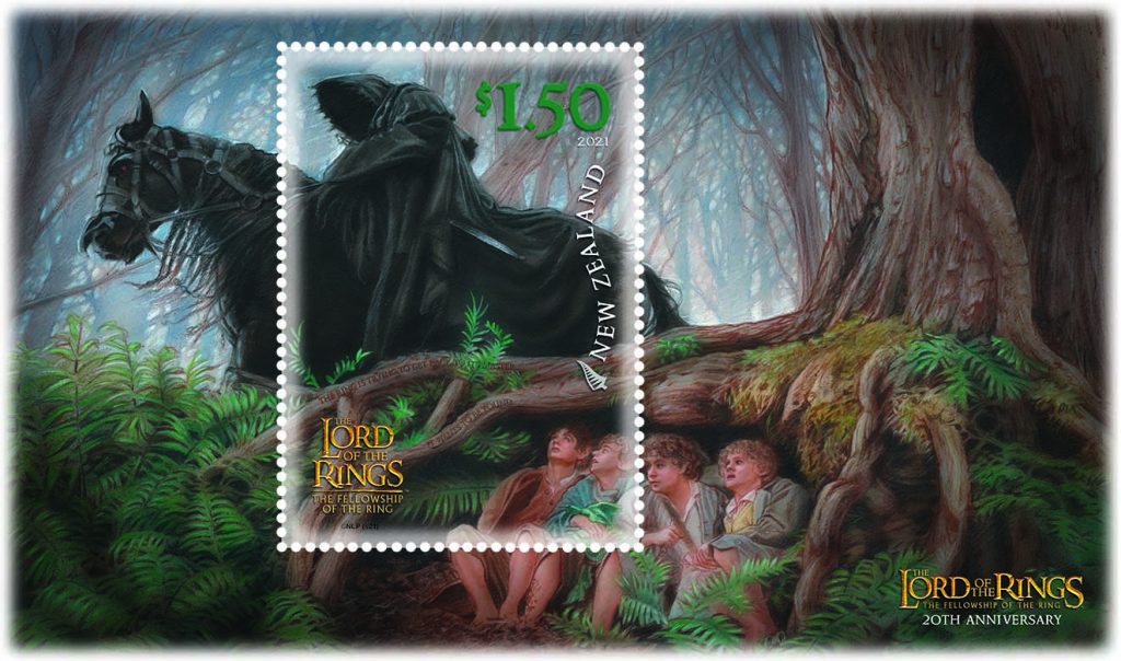 $1.50 stamp: Frodo, Pippin, Sam and Merry hide under the tree roots whilst a Black Rider seeks them overheard.