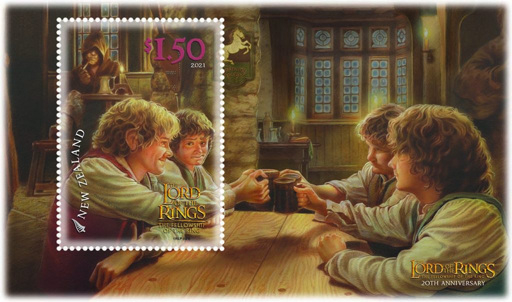 $1.50 stamp, showing a lovely illustration of Merry, Frodo, Sam and Pippin raising a mug of ale in the Prancing Pony. In the corner, Strider lurks, smoking his pipe.