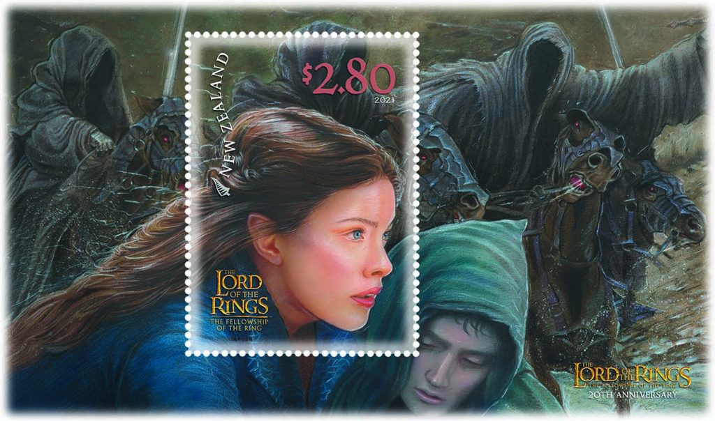 $2.80 stamp: an action packed artist's rendition of Arwen cradling Frodo in her arms, as they flee to the ford, with Black Riders in pursuit.