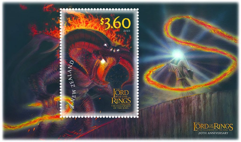 The $3.60 stamp shows Gandalf on the Bridge of Khazad-dum, facing the fearsome Balrog. Gandalf's staff is held aloft, shining with the flame of Anor.