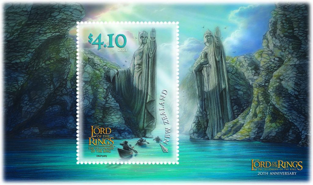 The final stamp, priced $4.10, shows the Argonath, standing tall and magnificent, as the Fellowship approach in three boats, along the river Anduin.