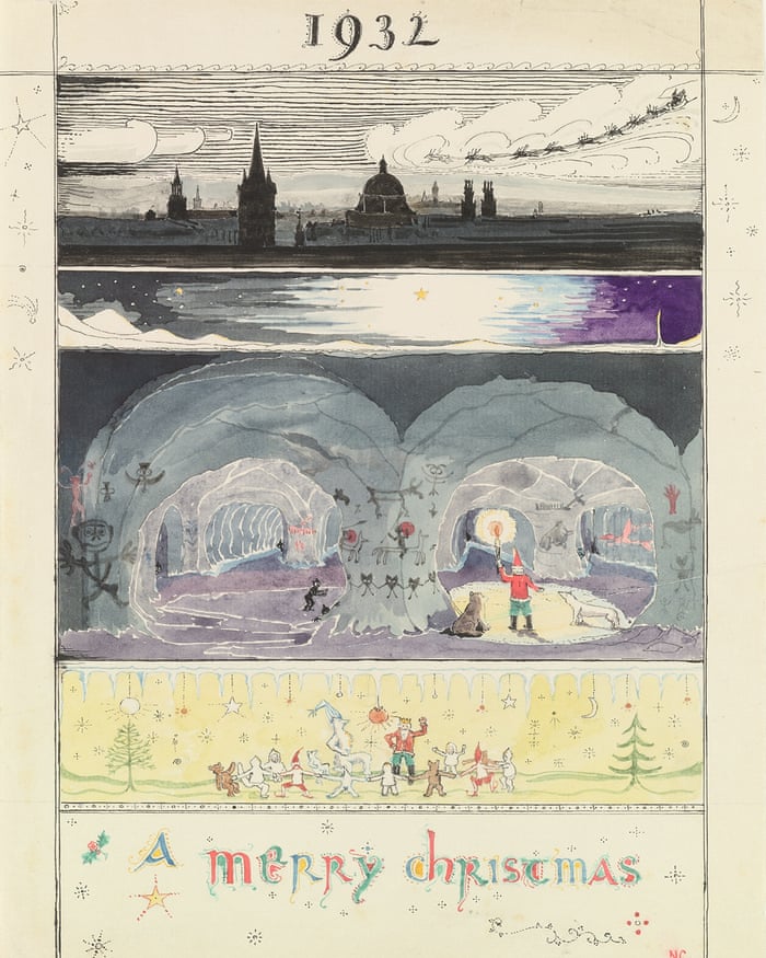 Illustration from Tolkien's Letters from Father Christmas, from 1932. The images show Santa Claus flying over Oxford; the North Pole; Father Christmas and the North Polar Bear in the caves at the North Pole; a party at Father Christmas' home; and colourful lettering reading, 'A Merry Christmas'.