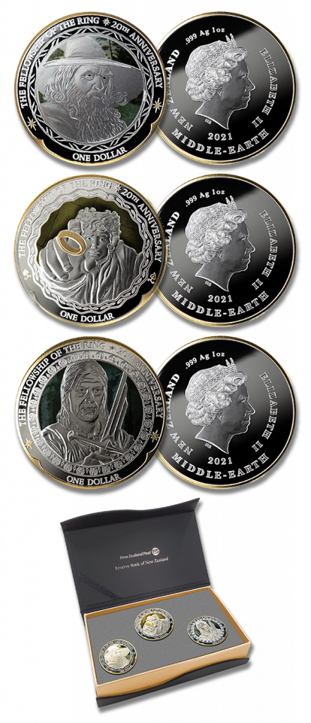 Close up showing both sides of the three 'Fellowship' coins - Gandalf, Frodo and Boromir. Each features Queen Elizabeth II on the reverse, together with the year 2021, and 'New Zealand Middle-earth'.