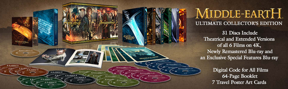 LOTR 4K big box set'Ultimate Collector's Edition' set - the box, enclosed art work, and 31 discs (in a variety of colours) are shown, together with a description of the contents of the set: '31 Discs Include Theatrical and Extended Versions of all 6 Films on 4K, Newly Remastered Blu-ray and an Exclusive Special Features Blu-ray. Digital Code for All Films, 64-Page Booklet, 7 Travel Poster Art Cards'.