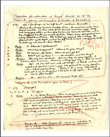 Tolkien’s handwritten suggestions in red for amendments to the BBC’s 1950s radio dramatisation. Photograph: BBC Written Archives Centre / The Tolkien Estate Limited
