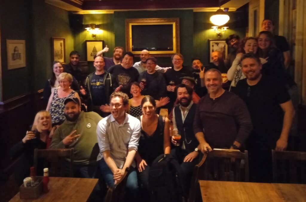 A group of lucky folks, invited to London by Amazon, gathered in the Crown and Anchor pub for a TORn hosted party. Here we see them all, drinks in hand!