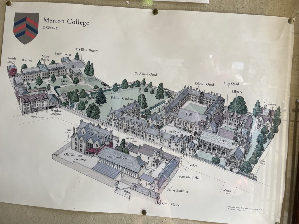 Pinned to a noticeboard is a map of Merton College, Oxford.