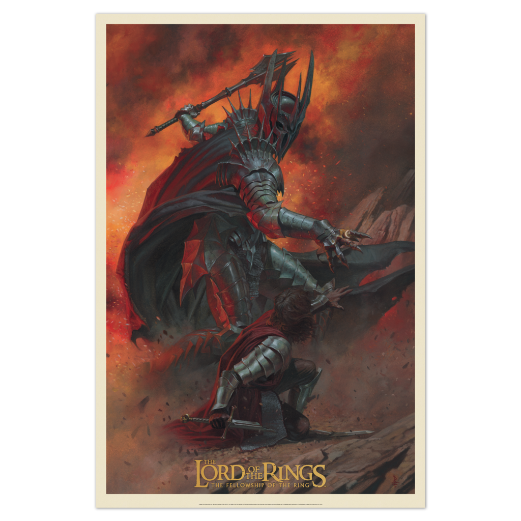 The poster show Sauron in full armour, his cloak sweeping around his shoulders and his left arm raised behind him, about to bring his enormous mace down on Isildur, who crouches, left arm raised in defence, in front of him. In his right hand, Isildur grasps the hilt of the broken Narsil - he is ready to strike on the right hand of Sauron, where we see the Ring gleaming. 