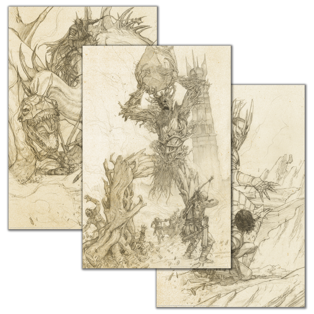 All three posters are seen in the variant version - tight pencil sketches by the artist. The image showing Treebeard raising a large stone above his head, with Orthanc in the background, is the central focus.