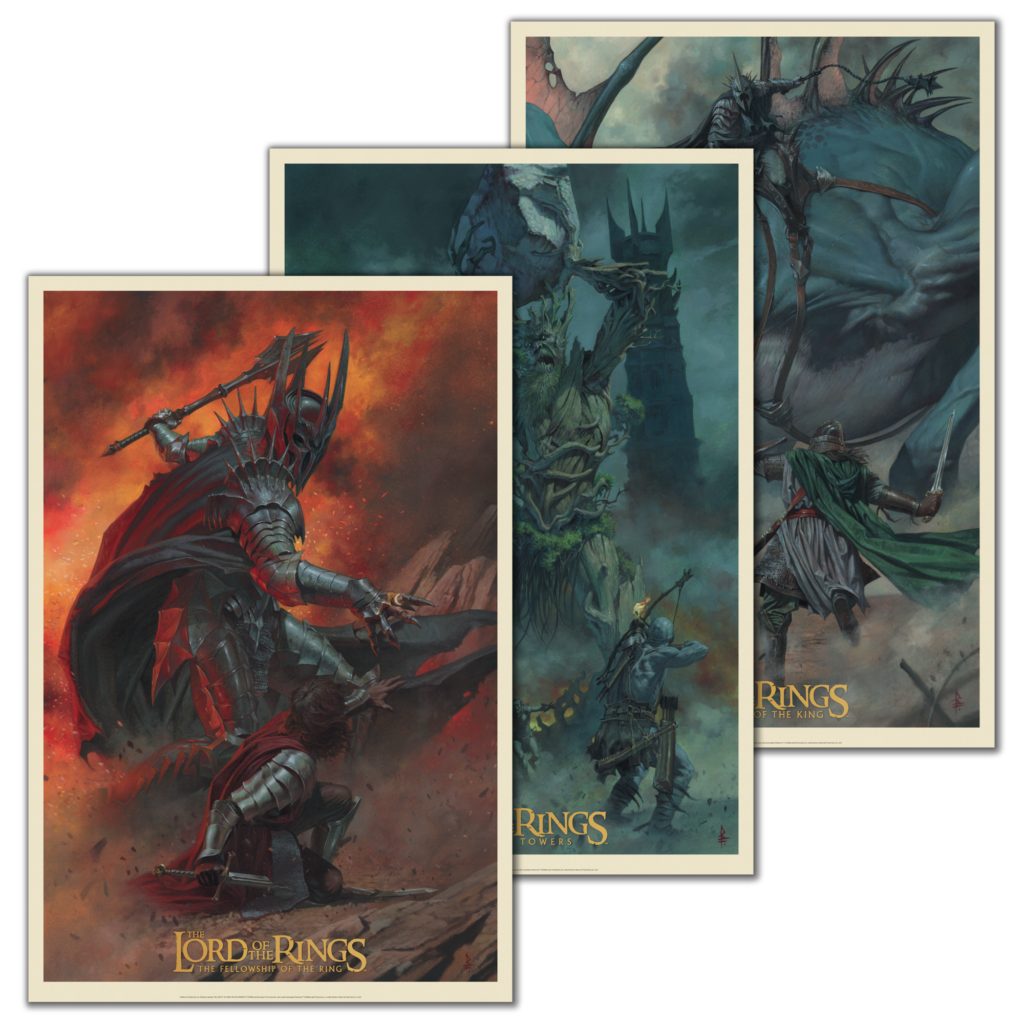 Image shows all three of the posters, with The Fellowship of the Ring poster in the front. The Two Towers poster is partially visible behind, in shades of green, while the blue shaded The Return of the King poster is at the rear.