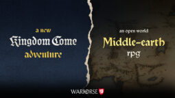 Split banner: left navy textured panel reads 'a new Kingdom Come adventure'; right map background says 'an open world Middle-earth rpg' with Warhorse logo.