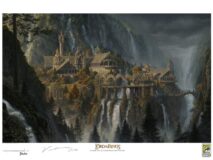 Elven Rivendell city perched on a cliff with arched bridges, waterfalls, and misty mountains.
