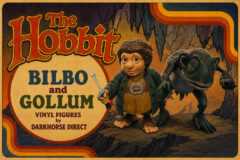 Retro poster showing Bilbo with a dagger and Gollum from The Hobbit, advertising Dark Horse Direct vinyl figures.