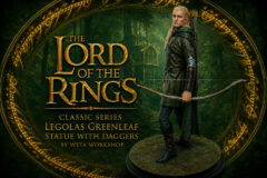 Statue of Legolas Greenleaf from The Lord of the Rings, standing on a circular base in a forest setting, wielding a bow with daggers visible at his back, surrounded by gold circular runic designs and title text.