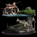 Two men fishing from a wicker boat on a water diorama, with a large fish beneath a rocky underwater habitat.