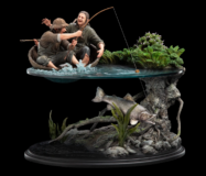 Two men fishing from a wicker boat on a water diorama, with a large fish beneath a rocky underwater habitat.