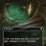 Card illustration of a mossy green forest doorway with glowing runic banners at the top and bottom; unknown script, card code M0095, © Wizards of the Coast.