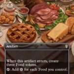 MTG card image: 'Bag End Banquet' feast table with ham, pie, cheese; artifact entry with ability text about creating Food tokens upon entering.