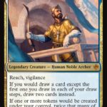 Bard, King of Dale, a legendary Human Noble Archer in gold robes, standing on a balcony with a bow; features Reach and vigilance, 3/5.