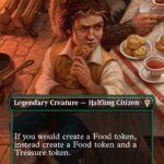 Bilbo, Fellow Conspirator, legendary Halfling Citizen; a halfling at a table with pastries; card text: 'If you would create a Food token, instead create a Food token and a Treasure token.' 2/3