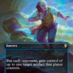 Magic: The Gathering card 'Bilbo's Burglaring' showing a man fleeing a treasure chest; blue sorcery card that reads: 'For each opponent, gain control of up to one target artifact that player controls.'