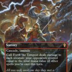 'Call Forth the Tempest' MTG card art: a wizard and companions rally as lightning splits the storm; mana cost 5 generic and 3 red, Sorcery with Cascade text and flavor line.