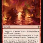 Magic: The Gathering card 'Desolation of Smaug' (red sorcery). Costs 2 colorless and 2 red mana. Text: deals 3 damage to each non-Dragon creature; add four mana in any colors, usable only for Dragon spells. Flavor: dragon's wrath lighting the scene.